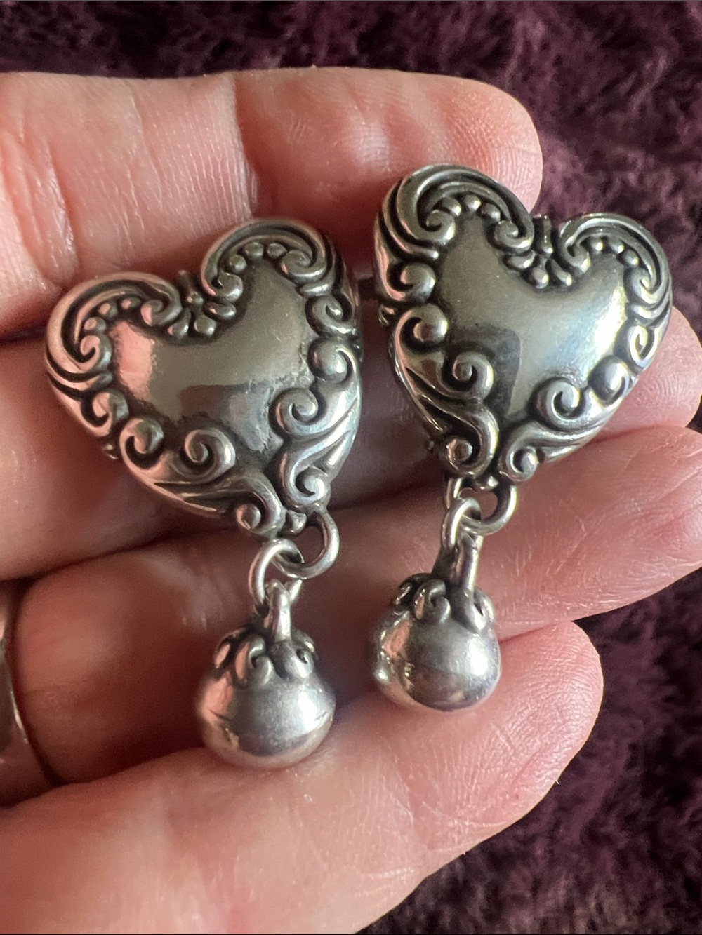 Vintage BRIGHTON Silver Large Heart Clip Earrings